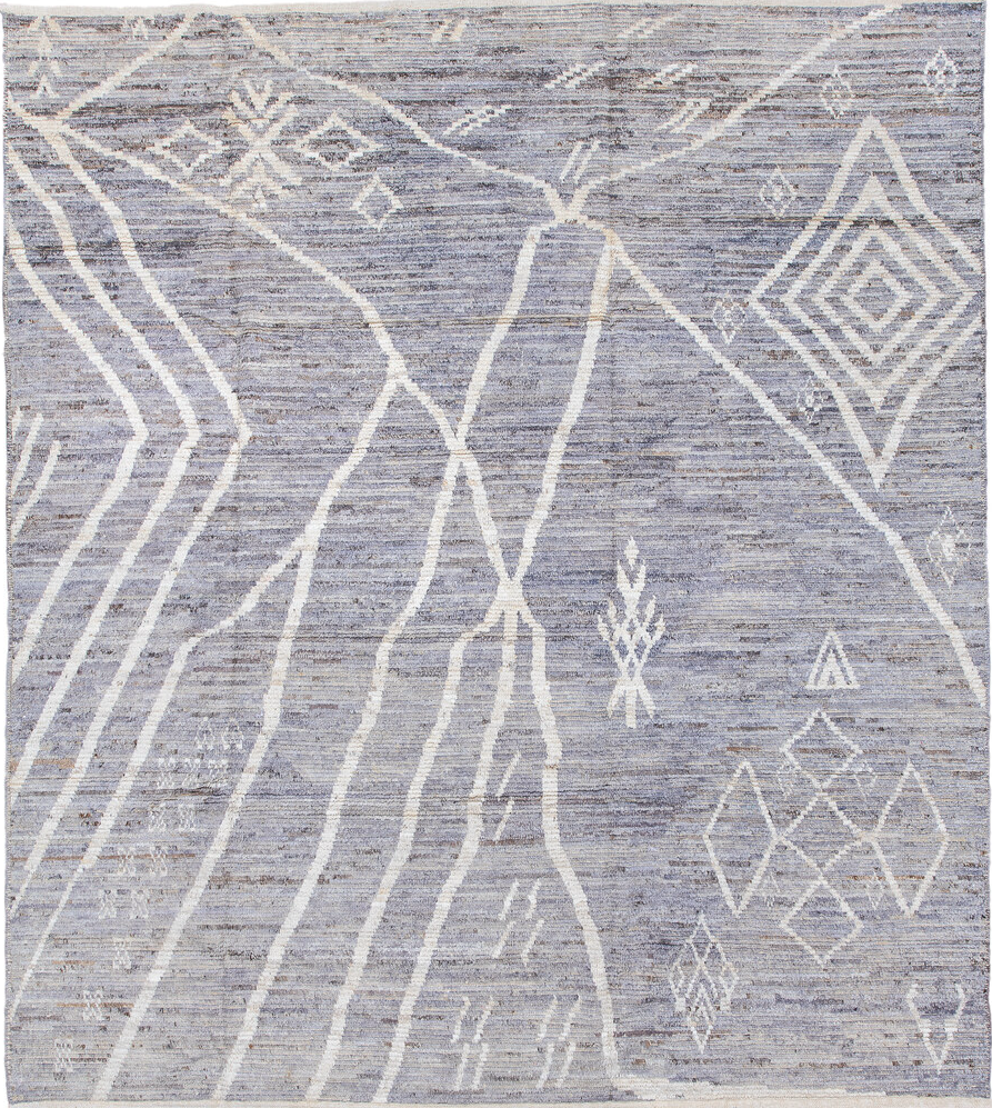 8' x 9' one-of-a-kind handmade vintage Tulu rug. Color palette: blue, dark gray, dim gray, gainsboro, gray, light blue