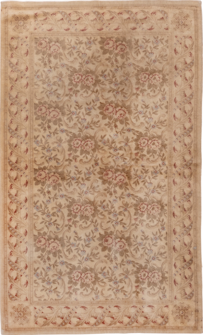 5' x 8' one-of-a-kind handmade vintage Savonnerie medium size rug. Color palette: brown, gray, light gray, off-white, pink