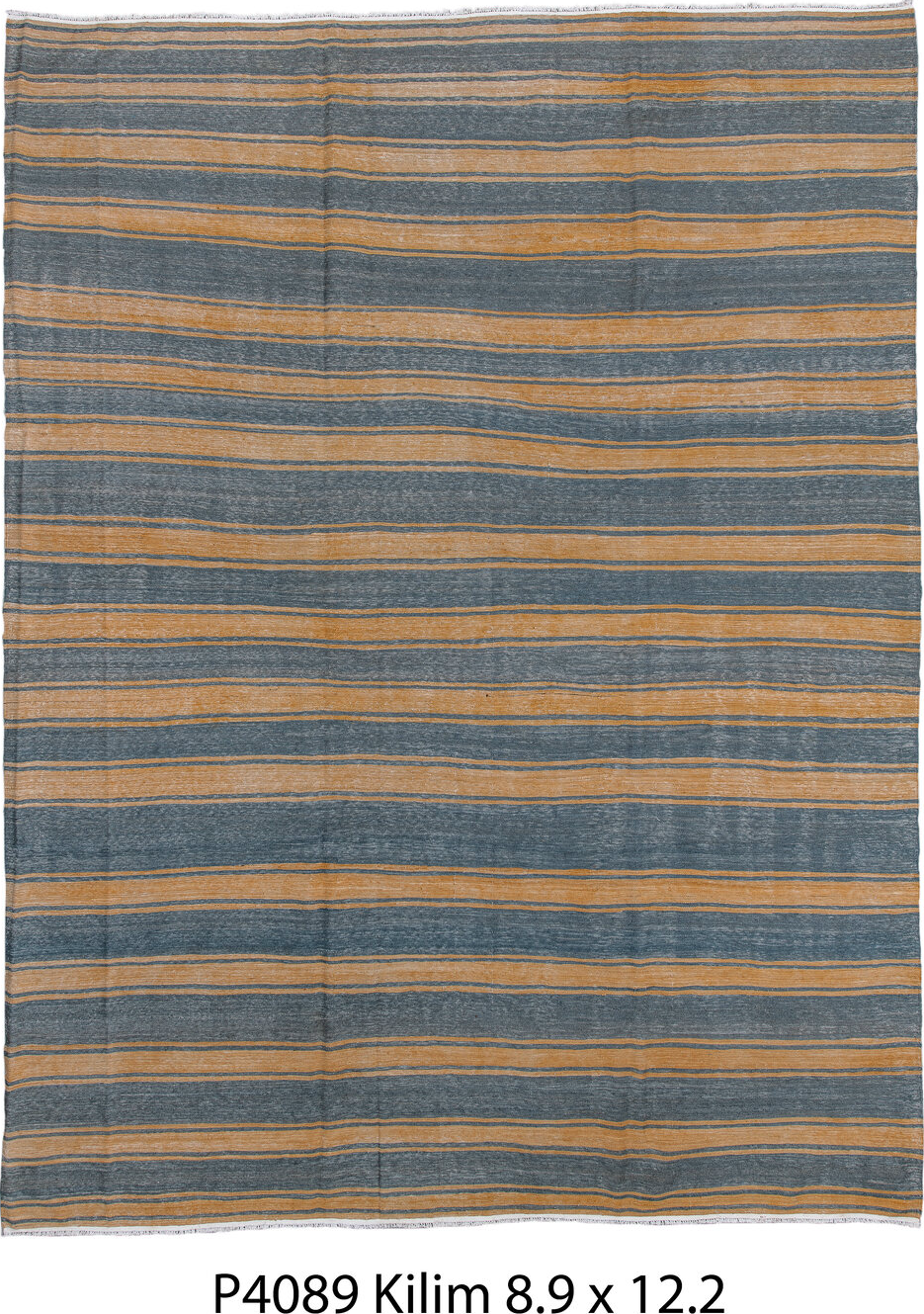 9' x 11' one-of-a-kind handmade vintage Kilim large size rug. Color palette: black, blue, brown, burlywood, dark gray, gray