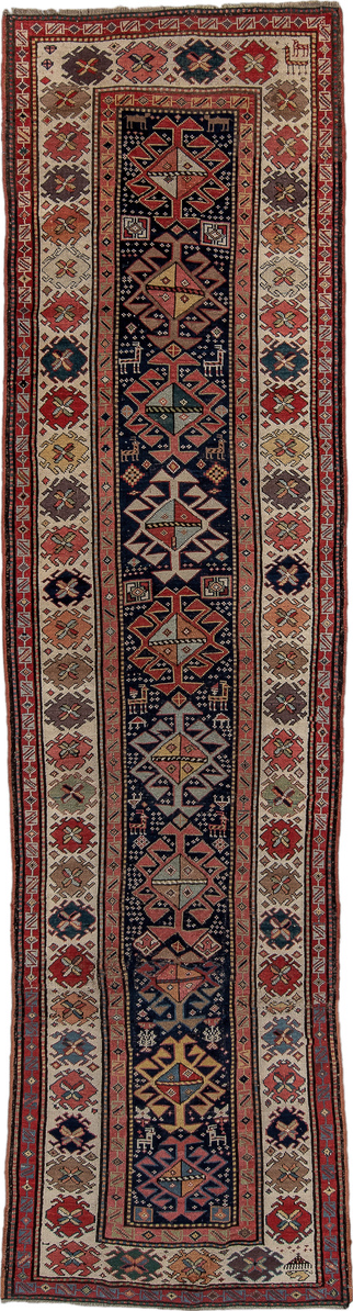 3' x 11' one-of-a-kind handmade vintage Caucasian runner rug. Color palette: black, blue, brown, charcoal, gray, indian red