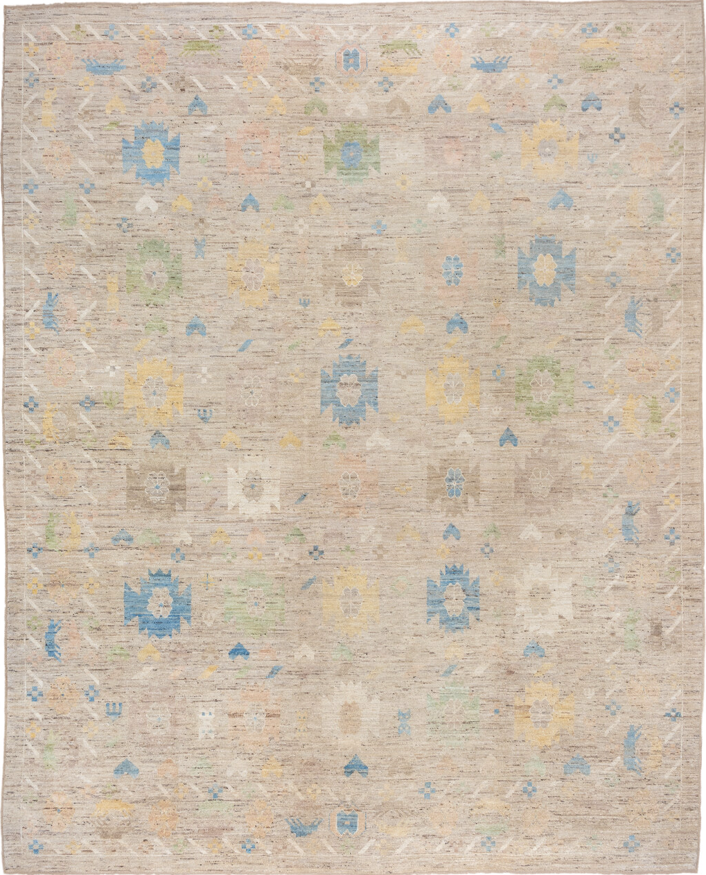 12' x 15' one-of-a-kind handmade vintage Tulu oversize rug. Color palette: antiquewhite, brown, dark gray, gainsboro, gray