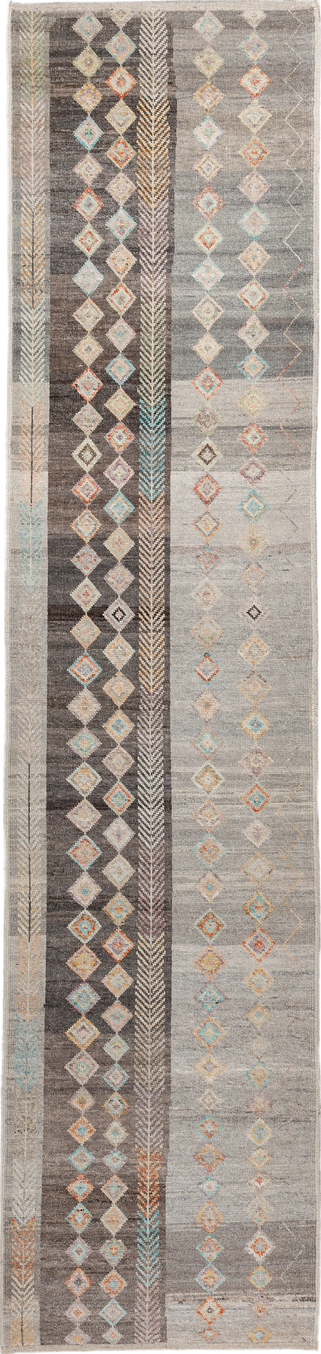 3' x 13' one-of-a-kind handmade vintage Kilim runner rug. Color palette: blue, brown, gray, light gray, off-white, pink