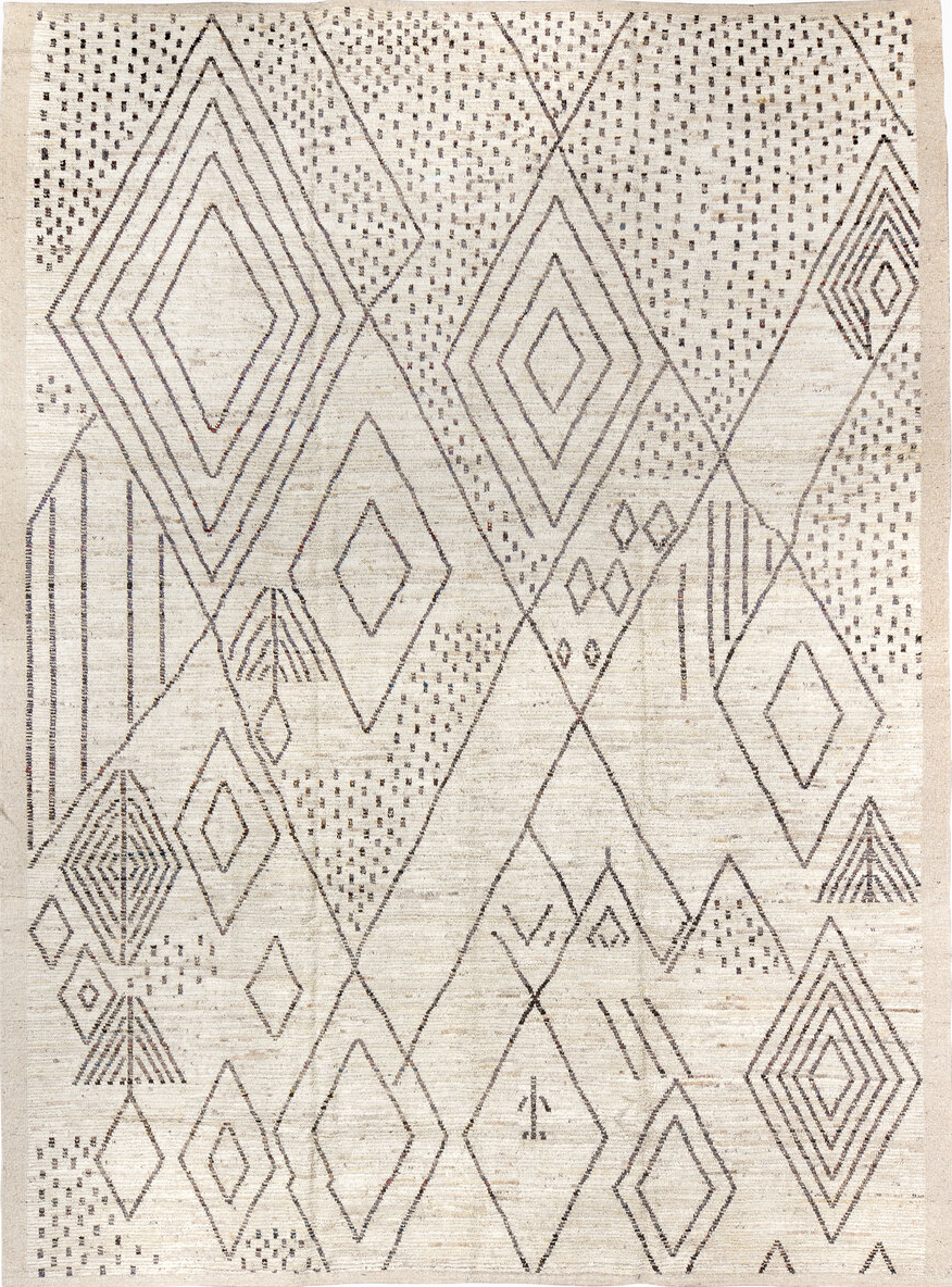 10' x 14' one-of-a-kind handmade vintage Tulu large size rug. Color palette: dark gray, gainsboro, gray, light gray, linen