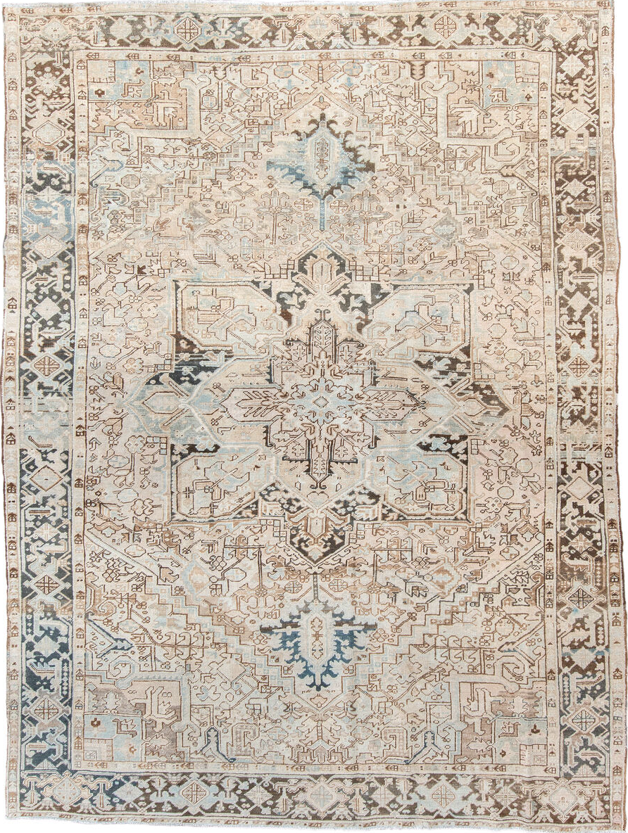 8' x 10' one-of-a-kind handmade vintage Heriz large size rug. Color palette: gray, brown, off-white, black, pink, light gray