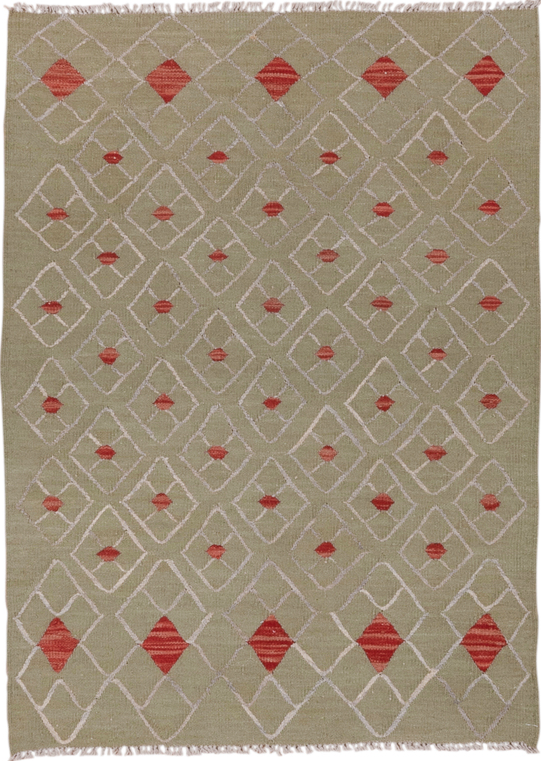 3' x 4' one-of-a-kind handmade vintage Kilim small size rug. Color palette: brown, gray, light gray, off-white, pink, red