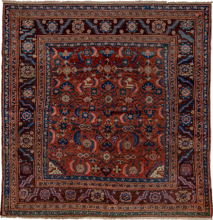 6' x 6' one-of-a-kind handmade vintage Bakhshayesh rug. Color palette: arapawa, black, blue, brown, gray, pink, red