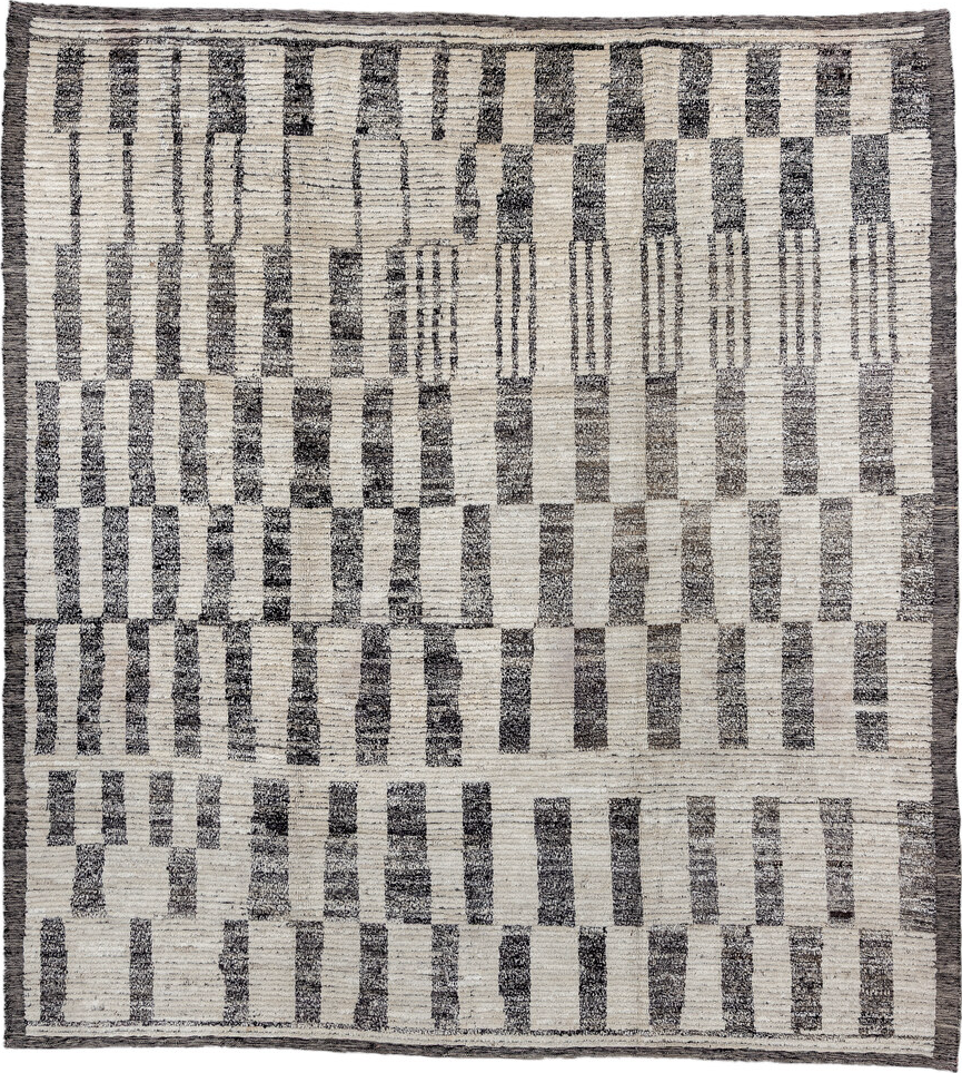 8' x 9' one-of-a-kind handmade vintage Tulu rug. Color palette: black, charcoal, dim gray, gray, light gray, linen