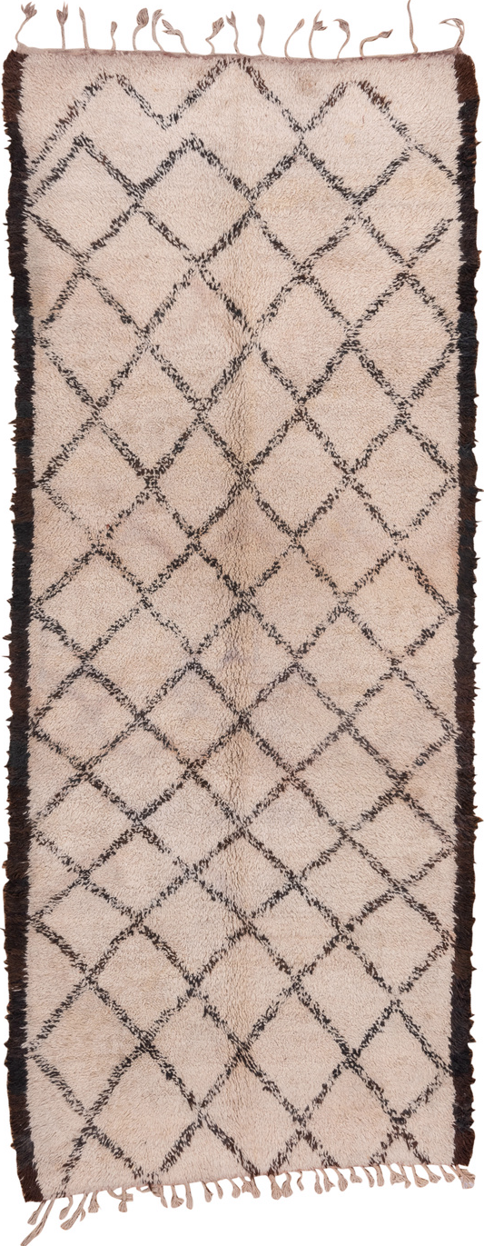 5' x 14' one-of-a-kind handmade vintage Moroccan rug. Color palette: brown, gray, light gray, off-white, pink