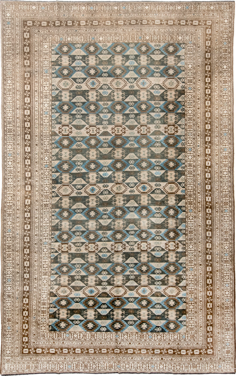 9' x 15' one-of-a-kind handmade vintage Afghan rug. Color palette: black, blue, brown, dim gray, gray, light gray, off-white