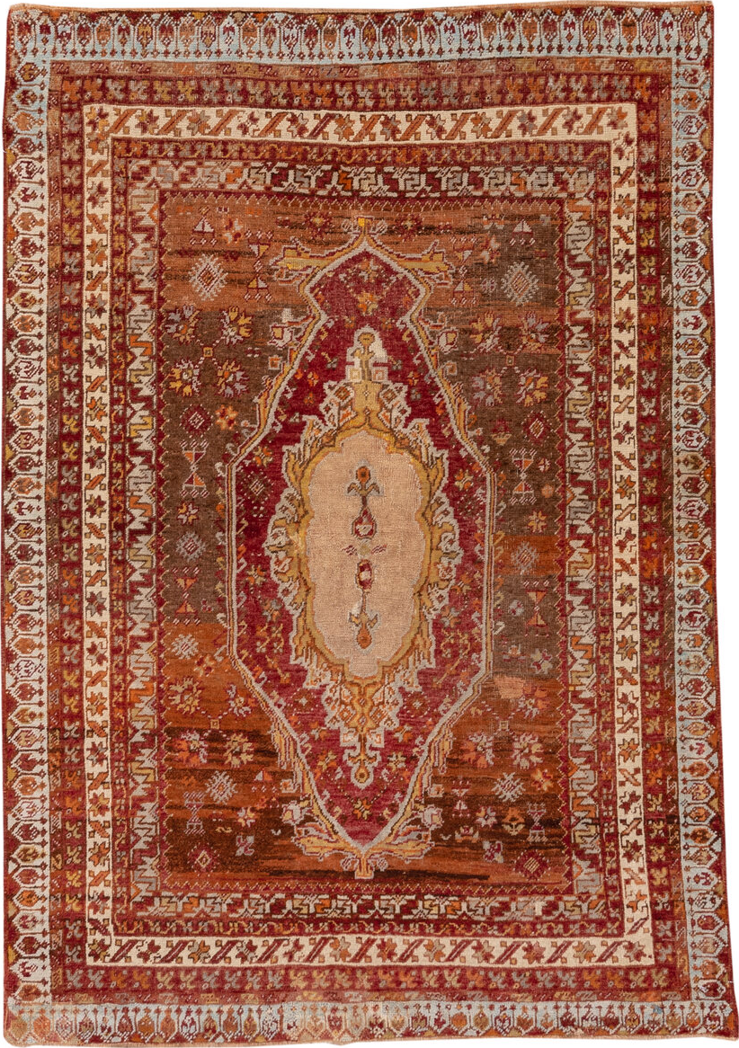 3' x 5' one-of-a-kind handmade vintage Sivas small size rug. Color palette: brown, gray, light gray, off-white, orange, pink