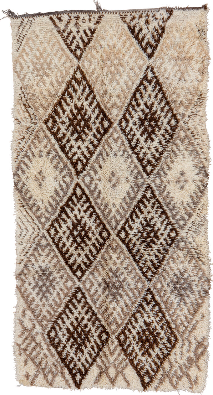 3' x 7' one-of-a-kind handmade vintage Moroccan rug. Color palette: black, brown, gray, light gray, off-white, pink