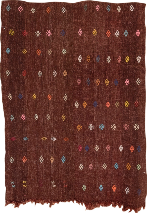 2' x 3' one-of-a-kind handmade vintage Jijim small size rug. Color palette: blue, brown, gray, off-white, pink, red, redwood