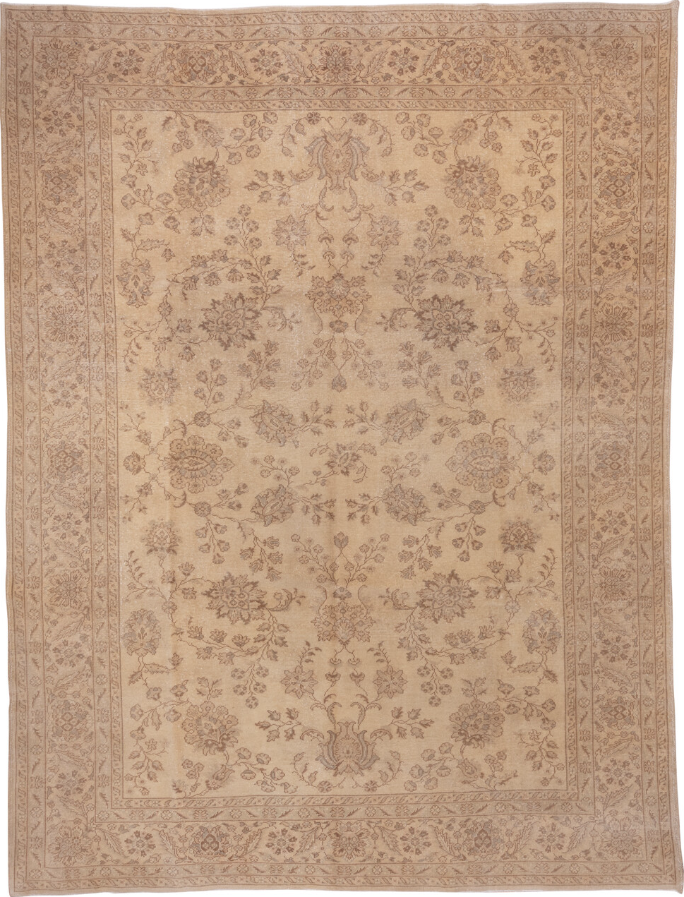 8' x 11' one-of-a-kind handmade vintage Sivas large size rug. Color palette: brown, off-white, orange, pink, tan