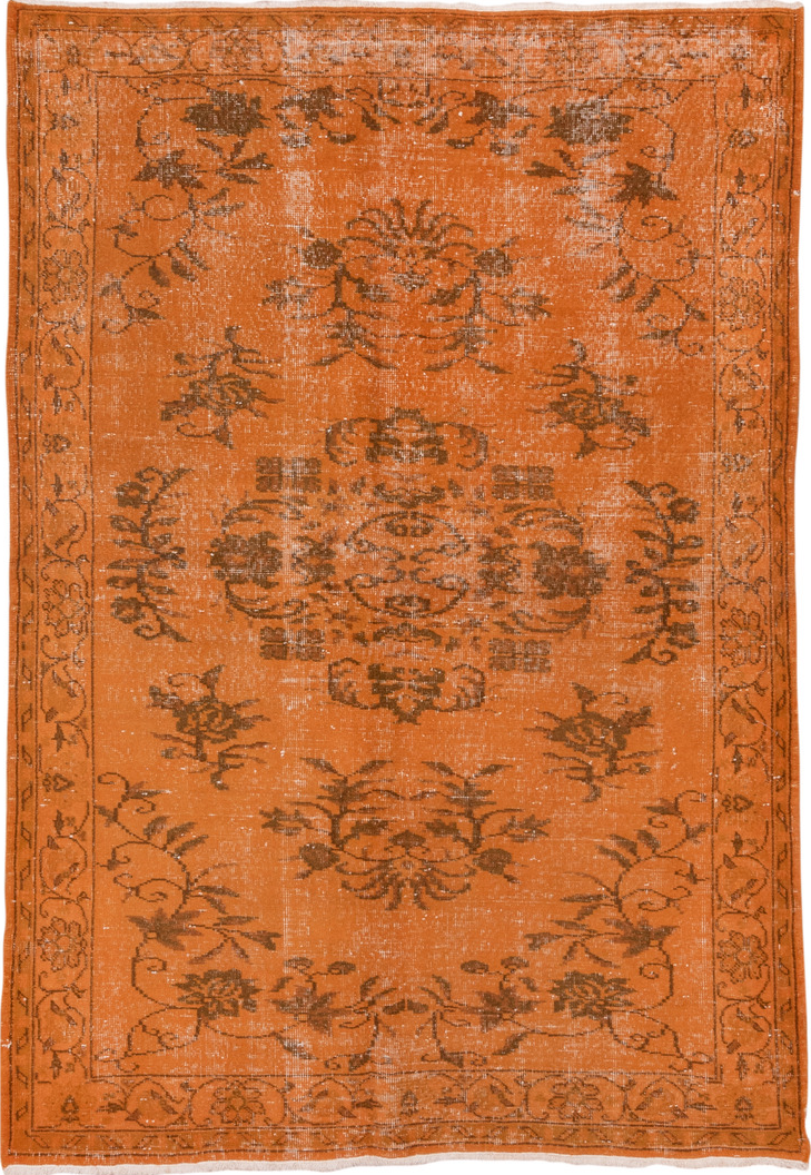 5' x 8' one-of-a-kind handmade vintage Overdyed medium size rug. Color palette: brown, off-white, orange, pink, saddle brown