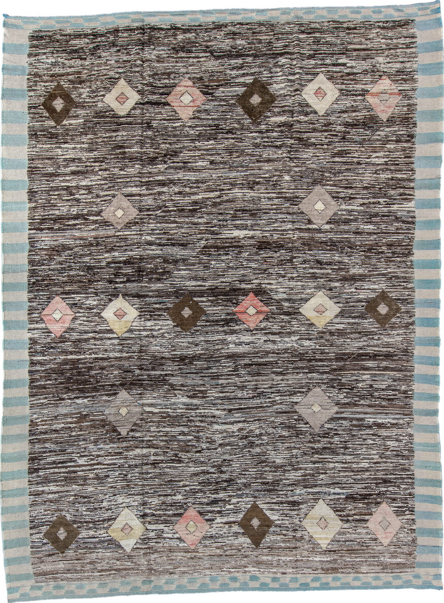 10' x 13' one-of-a-kind handmade vintage Tulu large size rug. Color palette: black, blue, brown, dark gray, dim gray