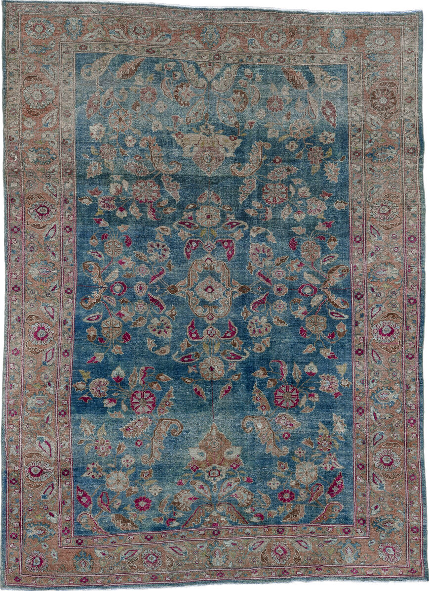 8' x 12' one-of-a-kind handmade vintage Mahal large size rug. Color palette: blue, brown, fiord, gray, pink, red