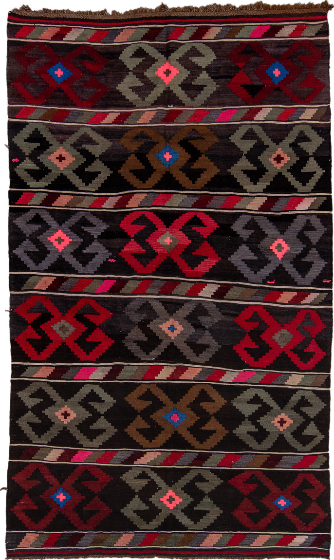 6' x 10' one-of-a-kind handmade vintage Kilim large size rug. Color palette: brown, pink, red, gray, light gray