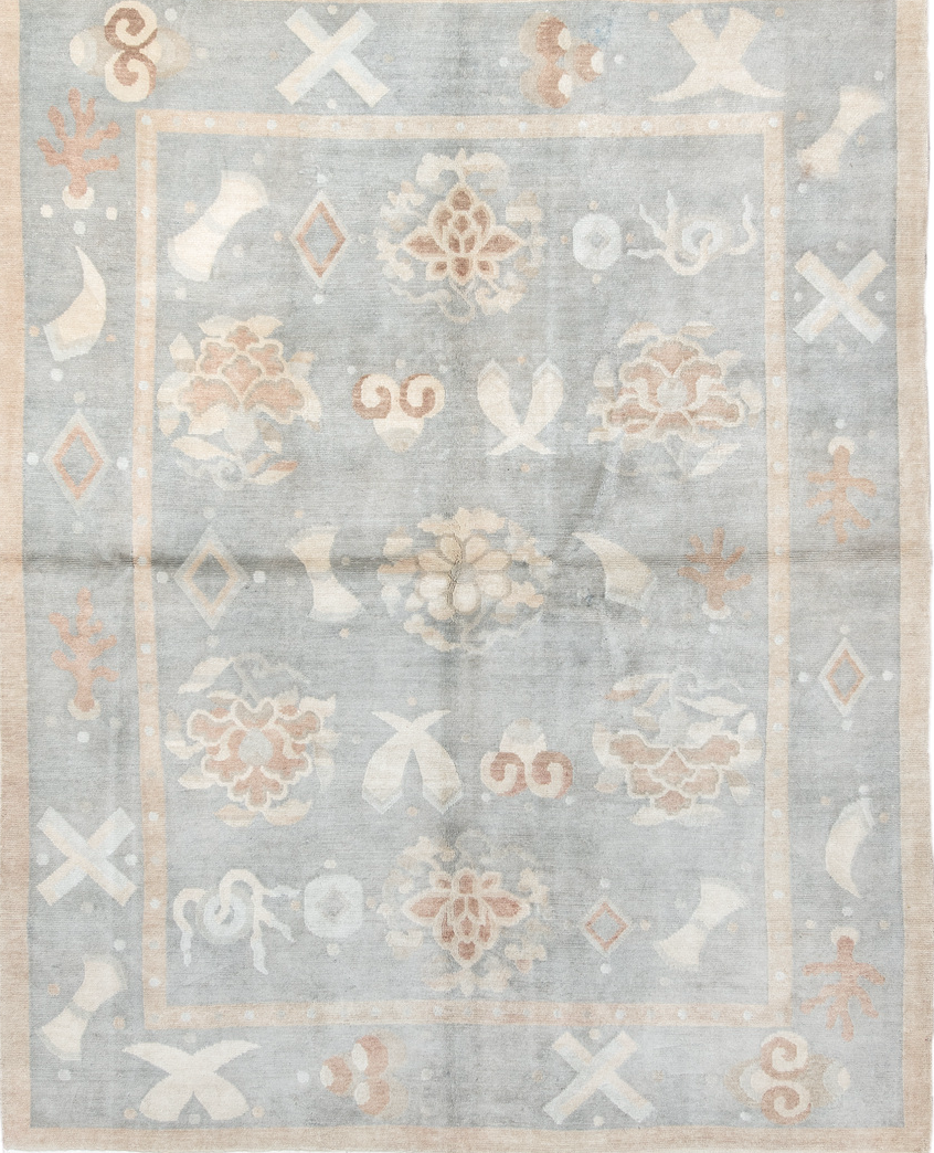 6' x 7' one-of-a-kind handmade vintage Tibetan rug. Color palette: light gray, off-white, gray, pink, brown, gainsboro