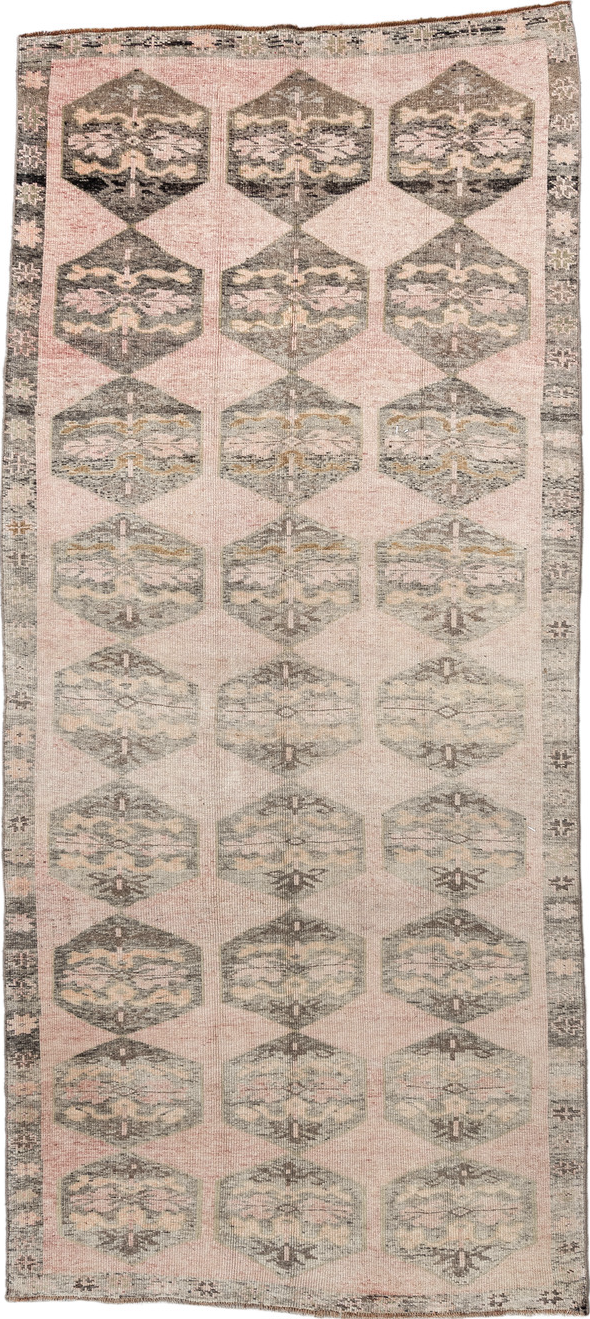 4' x 9' one-of-a-kind handmade vintage Kars runner rug. Color palette: gray, off-white, pink, orange, brown, light gray