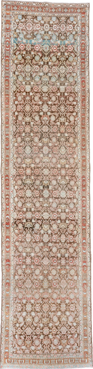 3' x 13' one-of-a-kind handmade vintage Malayer runner rug. Color palette: brown, gray, light gray, off-white, orange, pink