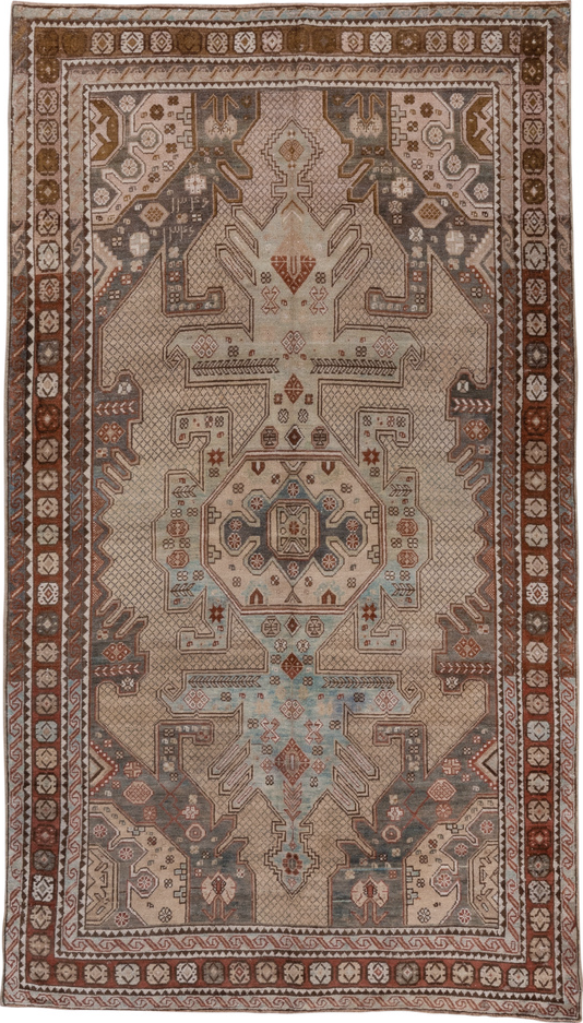 4' x 7' one-of-a-kind handmade vintage Shirvan rug. Color palette: brown, gray, light gray, off-white, pink