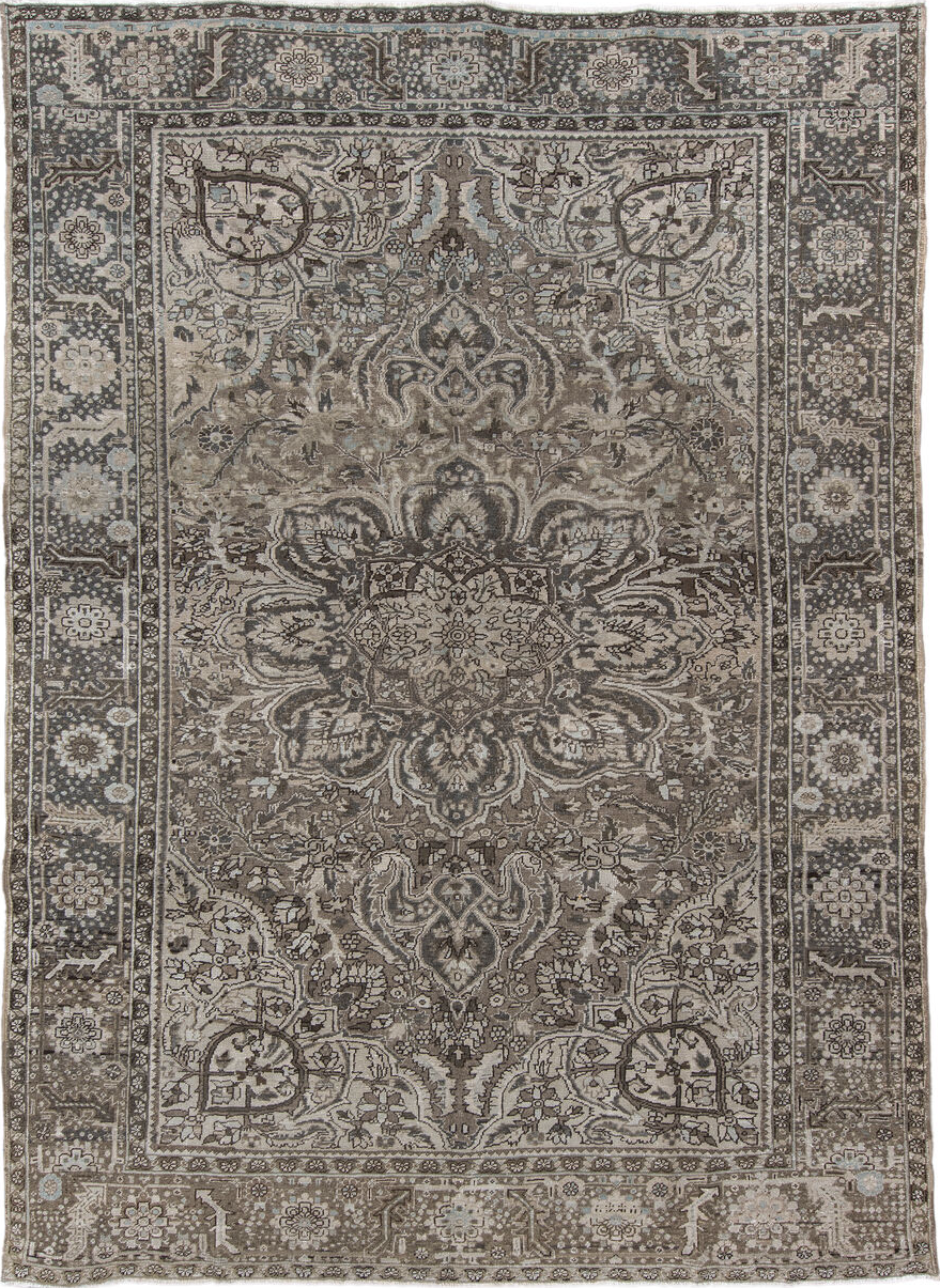 8' x 11' one-of-a-kind handmade vintage Heriz large size rug. Color palette: gray, black, light gray, off-white, dark gray