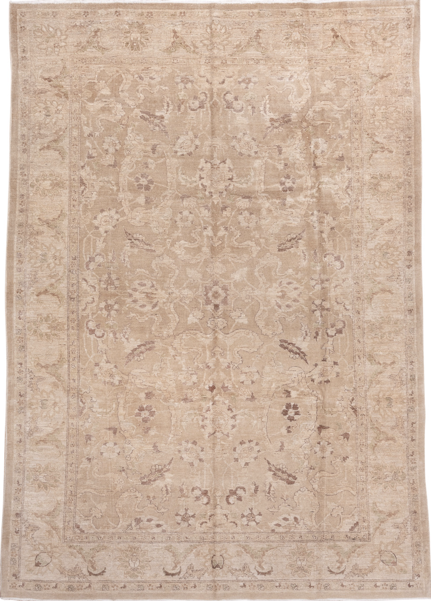 8' x 12' one-of-a-kind handmade vintage Amritzar large size rug. Color palette: brown, gray, light gray, off-white, orange