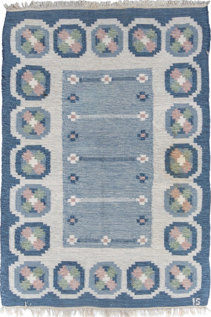 4' x 6' one-of-a-kind handmade vintage Rollaken small size rug. Color palette: black, blue, charcoal, dark gray, gray