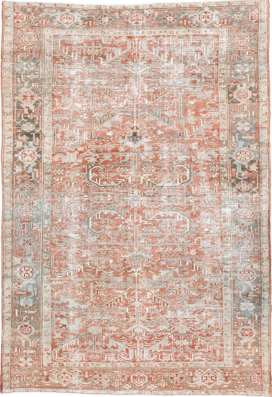 7' x 10' one-of-a-kind handmade vintage Heriz large size rug. Color palette: brown, gray, off-white, pink, light gray