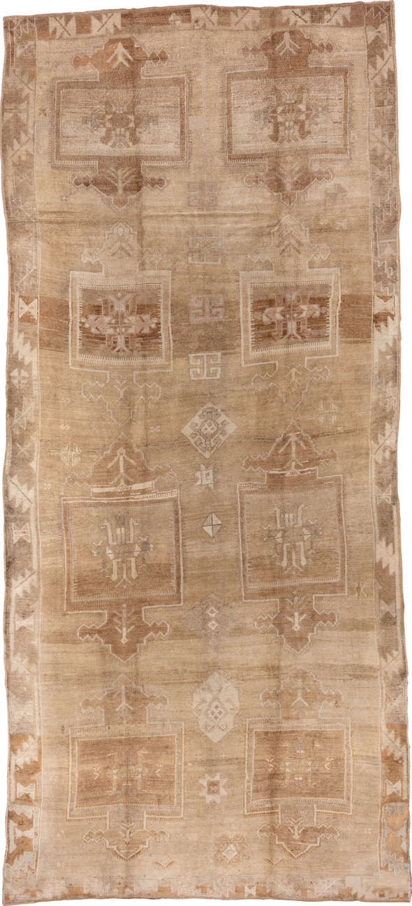 6' x 14' one-of-a-kind handmade vintage Oushak large size rug. Color palette: brown, off-white, orange, pink, tan