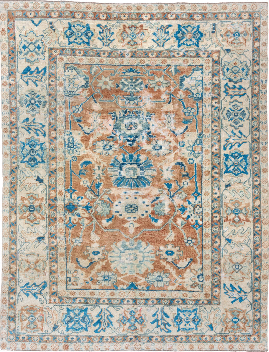 8' x 11' one-of-a-kind handmade vintage Oushak large size rug. Color palette: antiquewhite, blue, brown, gainsboro, gray