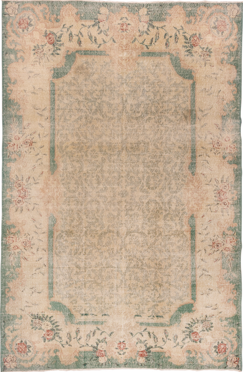 7' x 10' one-of-a-kind handmade vintage Oushak large size rug. Color palette: brown, gray, off-white, orange, pink