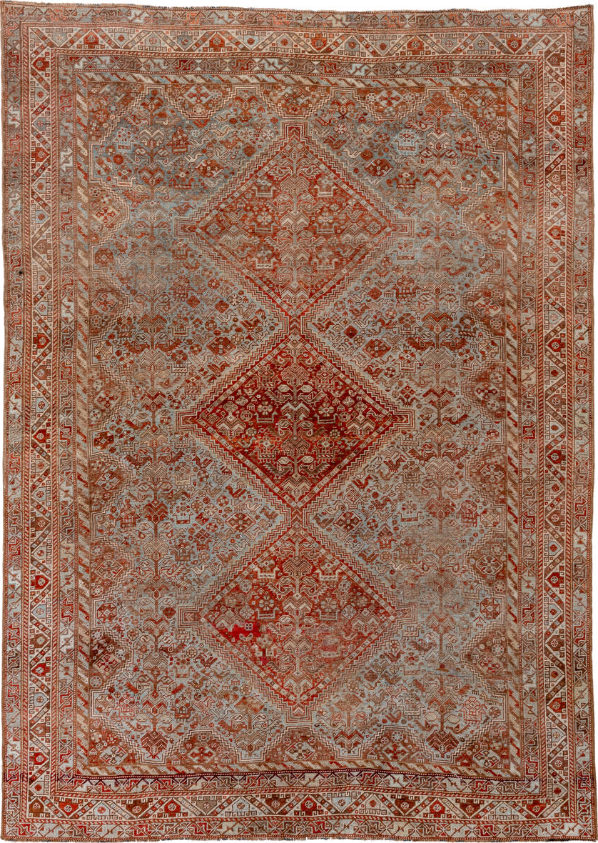 7' x 10' one-of-a-kind handmade vintage Shiraz large size rug. Color palette: brown, gray, light gray, off-white, pink, red