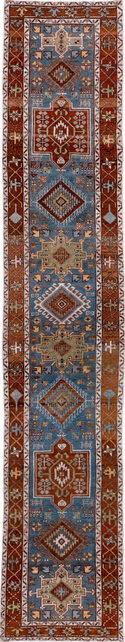 2' x 14' one-of-a-kind handmade vintage Heriz runner rug. Color palette: blue, brown, gray, light gray, light slate gray