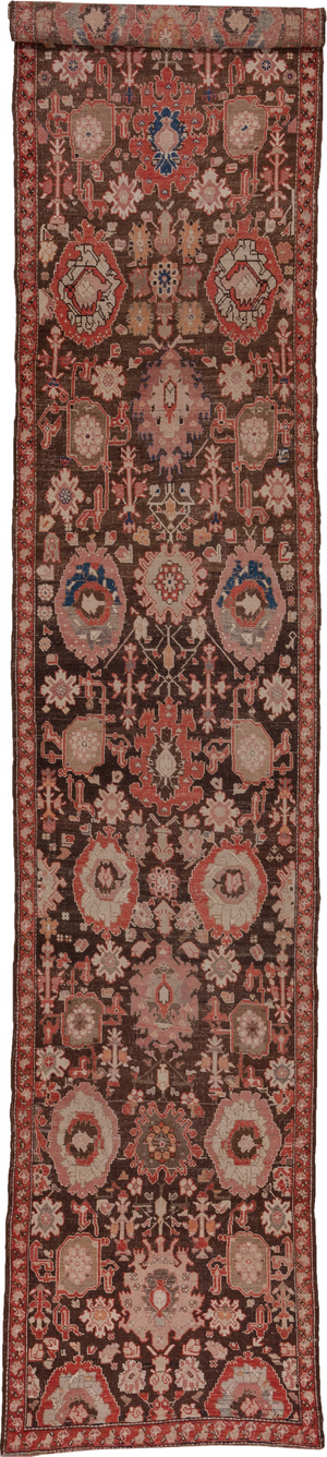 3' x 18' one-of-a-kind handmade vintage Karabagh runner rug. Color palette: brown, gray, pink, red