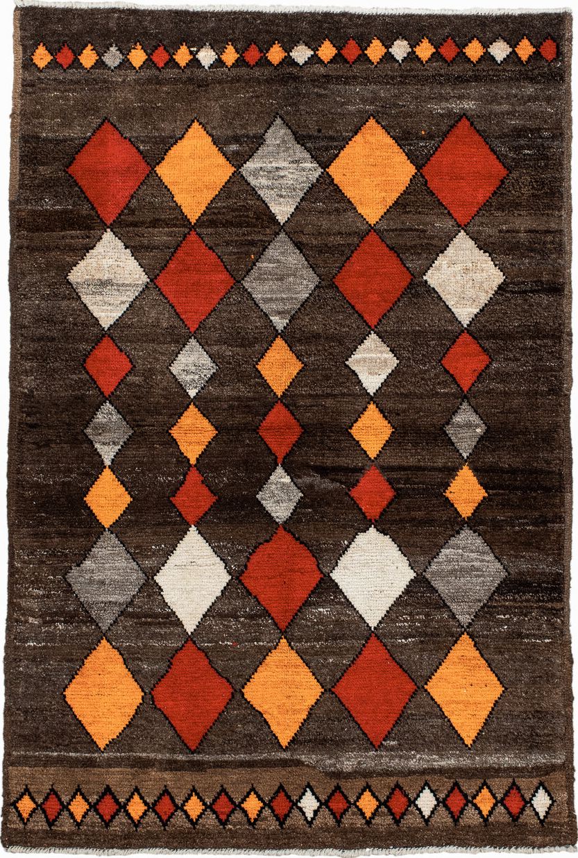 3' x 5' one-of-a-kind handmade vintage Moroccan small size rug. Color palette: black, brown, chocolate, gray, light gray