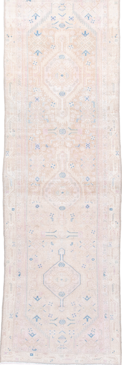 2' x 9' one-of-a-kind handmade vintage Hamadan runner rug. Color palette: gainsboro, gray, lavender blush, light blue