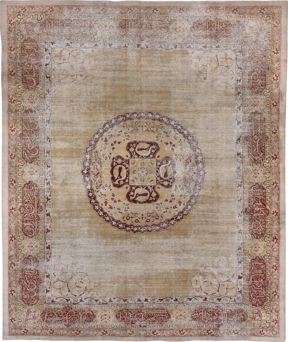 10' x 13' one-of-a-kind handmade vintage Amritzar large size rug. Color palette: brown, gray, light gray, off-white, pink