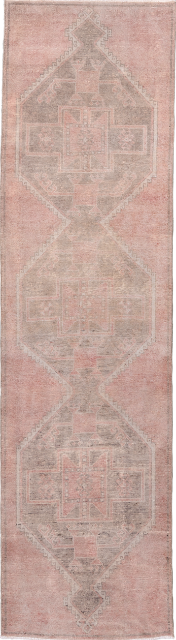 3' x 12' one-of-a-kind handmade vintage Anatolian runner rug. Color palette: brown, dark gray, gray, light gray, off-white