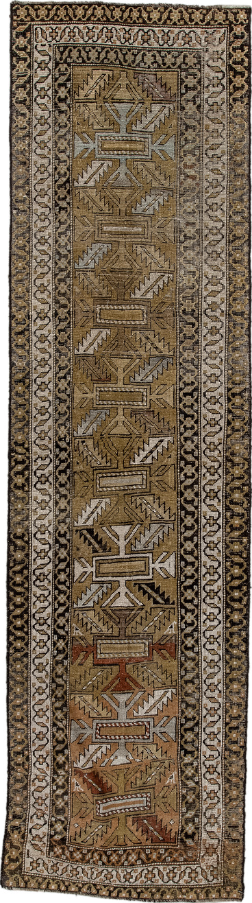 2' x 10' one-of-a-kind handmade vintage NW Persian runner rug. Color palette: black, brown, gray, light gray, linen
