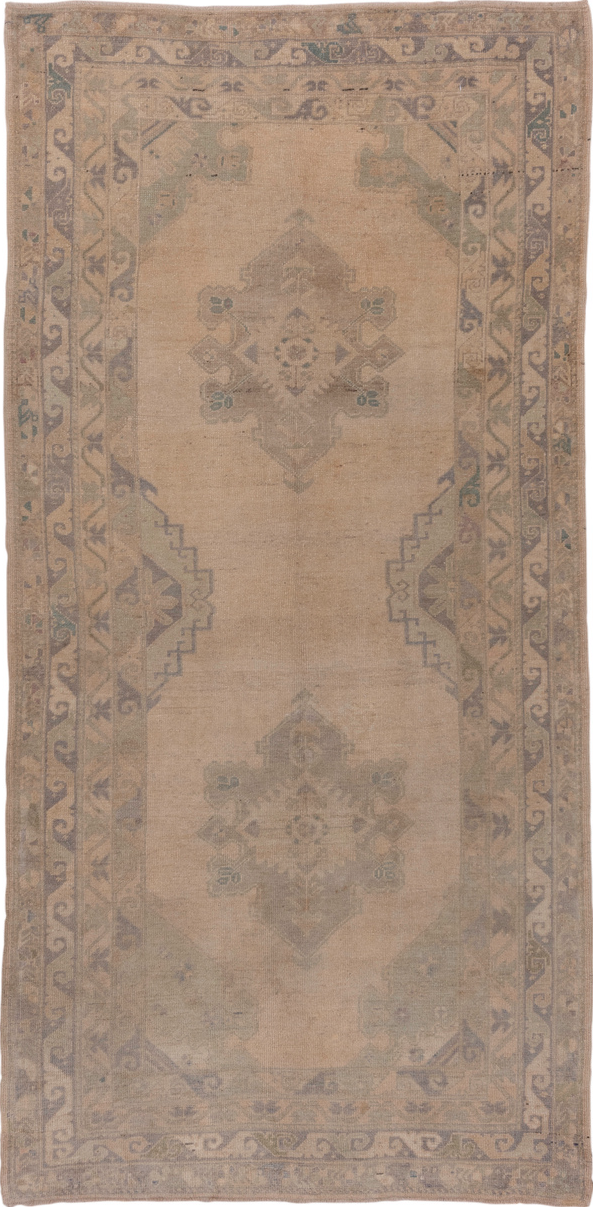 5' x 10' one-of-a-kind handmade vintage Oushak medium size rug. Color palette: gray, pink, brown, off-white, light gray