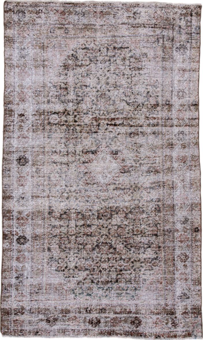 3' x 6' one-of-a-kind handmade vintage Mahal small size rug. Color palette: black, brown, charcoal, dark gray, dim gray
