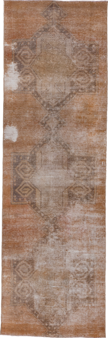 3' x 9' one-of-a-kind handmade vintage Oushak runner rug. Color palette: brown, gray, light gray, off-white, pink, silver