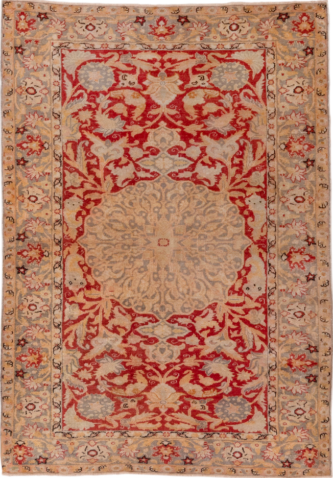 4' x 5' one-of-a-kind handmade vintage Kaisary small size rug. Color palette: brown, dark red, gray, light gray, off-white