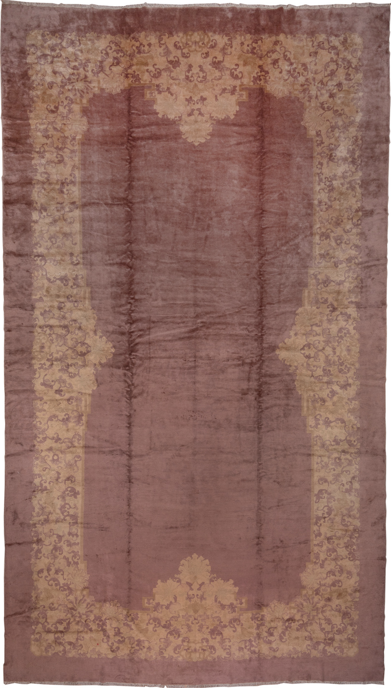 12' x 20' one-of-a-kind handmade vintage Chinese oversize rug. Color palette: brown, gray, light gray, off-white, pink, red
