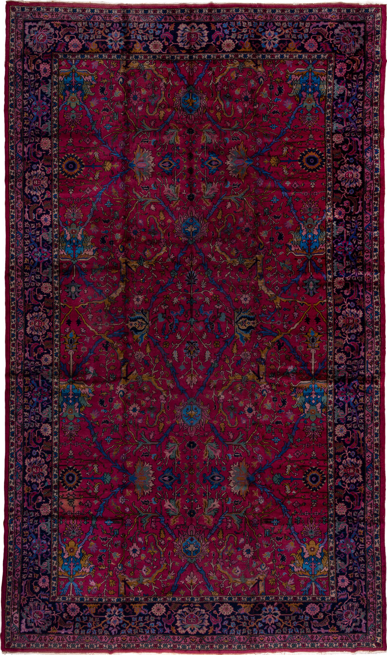11' x 20' one-of-a-kind handmade vintage Agra oversize rug. Color palette: black, blue, brown, gray, red, redwood, wine