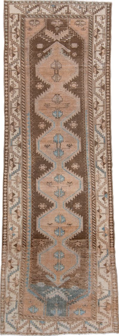 3' x 9' one-of-a-kind handmade vintage Malayer runner rug. Color palette: brown, dark gray, dim gray, gray, light gray