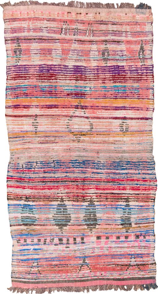 4' x 6' one-of-a-kind handmade vintage Moroccan small size rug. Color palette: blue, brown, gray, light gray, off-white