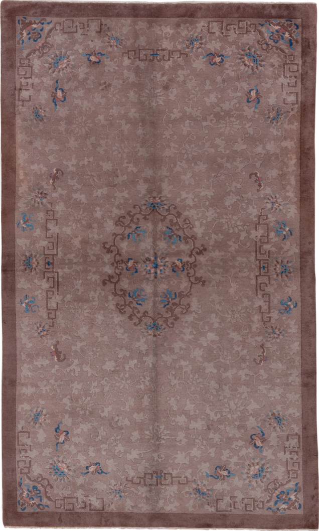5' x 8' one-of-a-kind handmade vintage Chinese medium size rug. Color palette: blue, brown, gray, pink