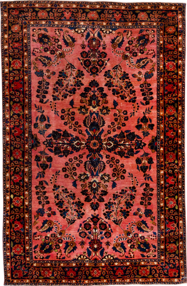4' x 6' one-of-a-kind handmade vintage Sarouk small size rug. Color palette: black, brown, maroon, pink, red